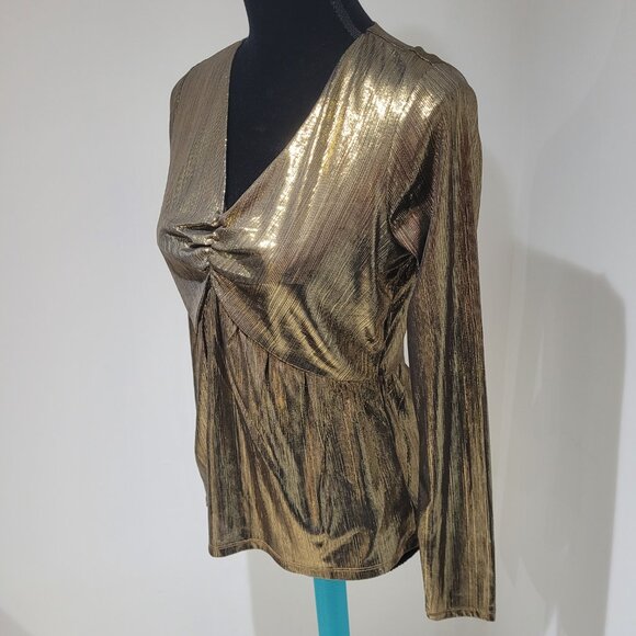 Michael Kors Gold Flowy Long Sleeve V-Neck Top Blouse Size Small Metallic NEW - Picture 3 of 12